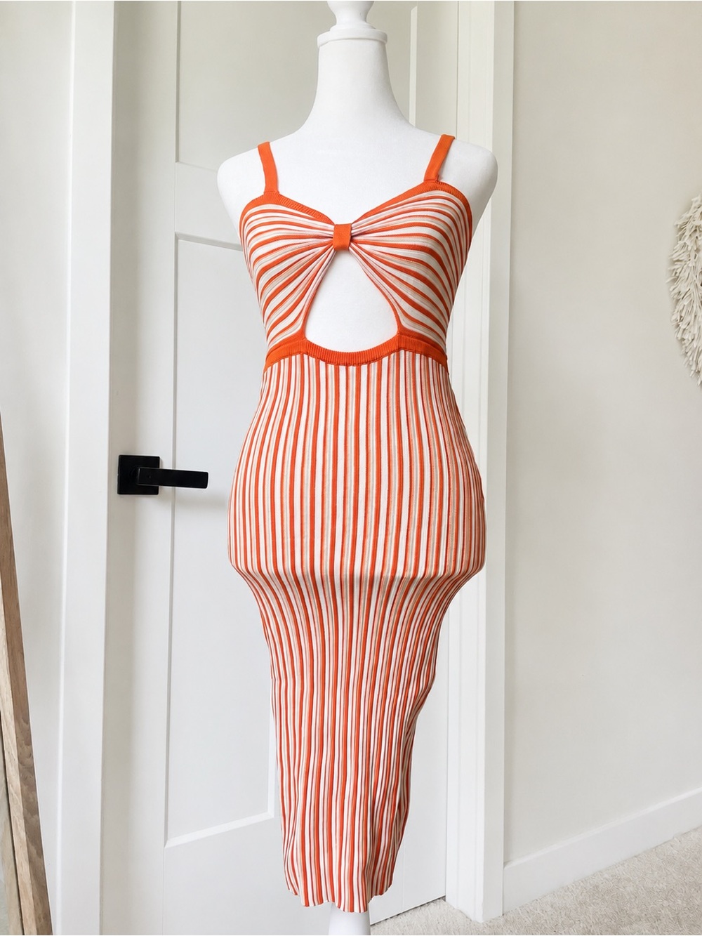 Orange and White Striped Stretchy Knit Midi Dress with Cutout